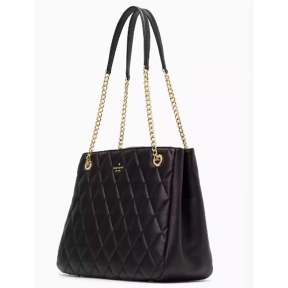 Kate Spade Black Quilted Leather Tote w/Leather and Gold Chain Link Straps - Picture 2 of 4